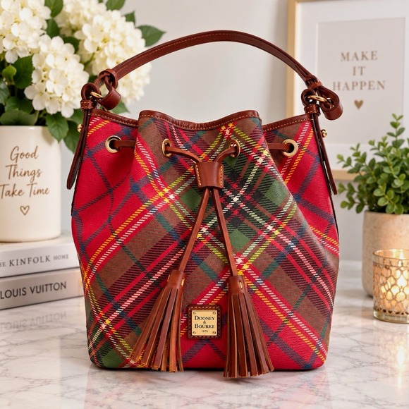 Dooney & Bourke Handbags - Dooney & Bourke Plaid Bucket Drawstring Shoulder Bag Red Green Tassel Logo